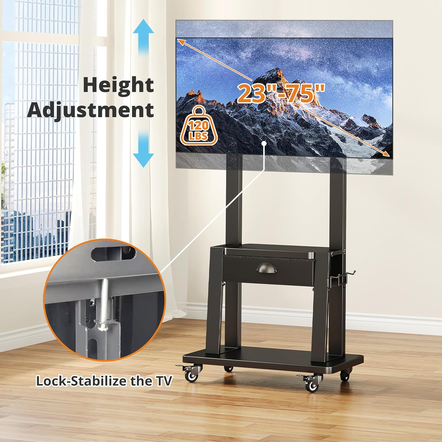 Mobile TV Cart with Drawer,For 23-75 Inch Flat/Curved Screen up to 120Lbs,Adjust