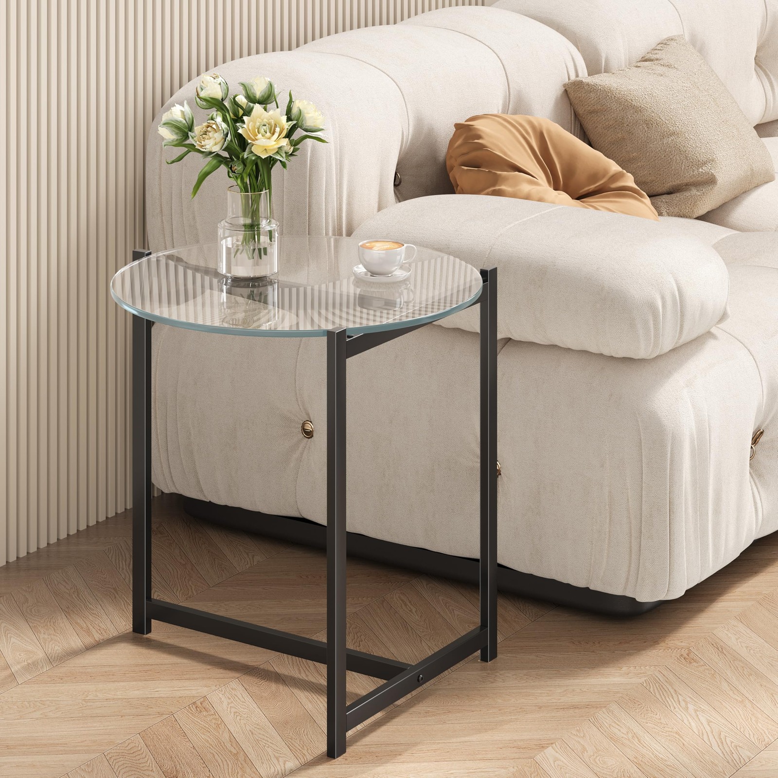 20 Inch Round Glass Coffee Table End Table with Sturdy Black Metal Frame