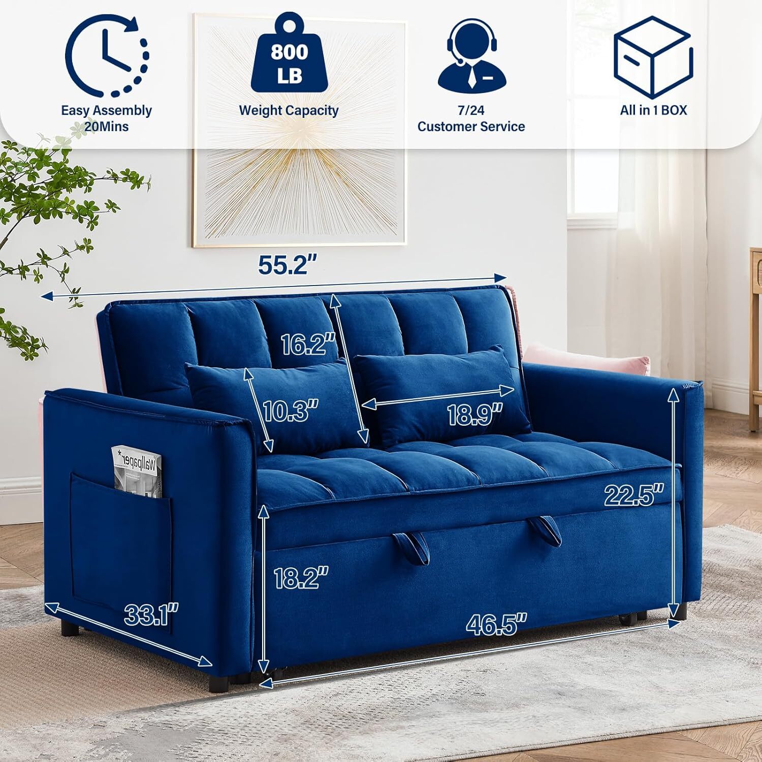 Sofa Bed Couch Sleeper Convertible Pull-Out Bed Couch With Side Pockets