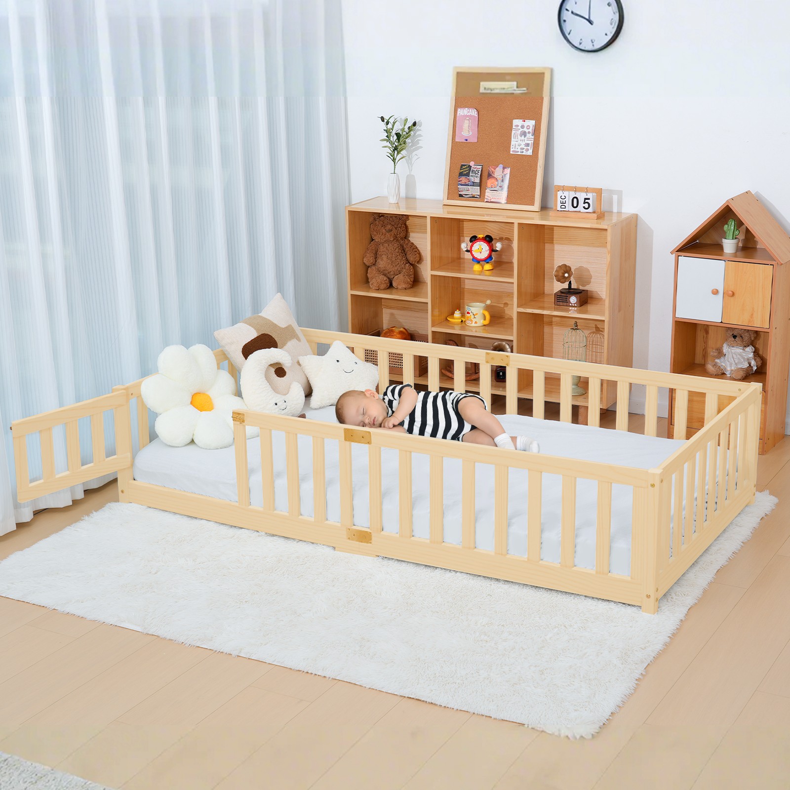H&ZT 78″Lx42″W Toddler Floor Bed, Montessori Floor Bed with Rails Lockable Door