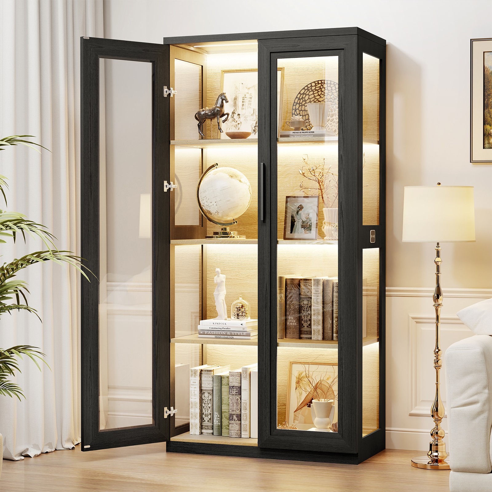 Farmhouse 2-Door Curio Case, Wood Finish Display Cabinet with 3-Color LED Light
