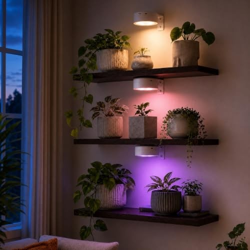 Set of 3 Floating Shelves for Wall with 3 Rechargeable Plant Grow Lights |