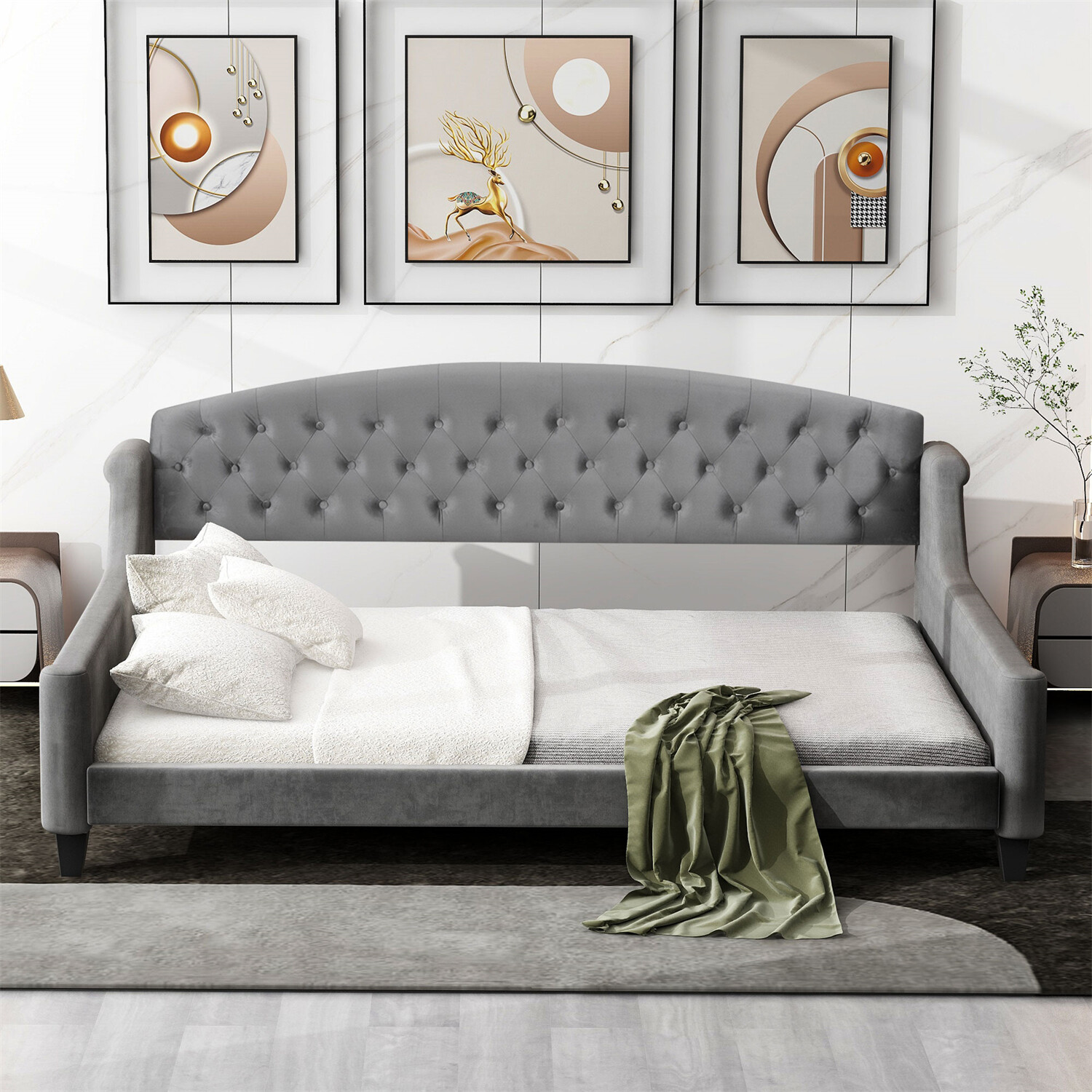 Full Size Daybed Bed Frame Sofa Bed Wooden Slat Support Bedroom Furniture Gray