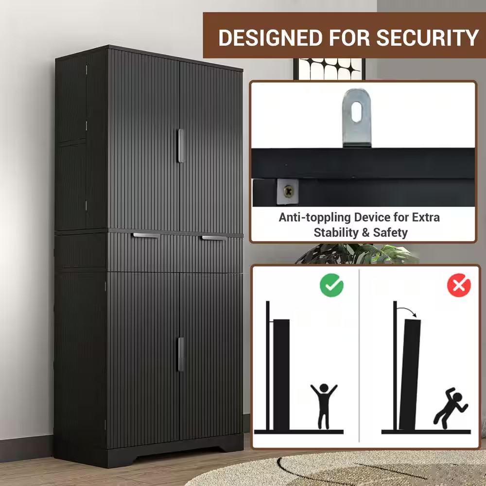 72 In. Tall Black Wood Kitchen Pantry Cabinet with 3-Keyboard Drawers and Adjust