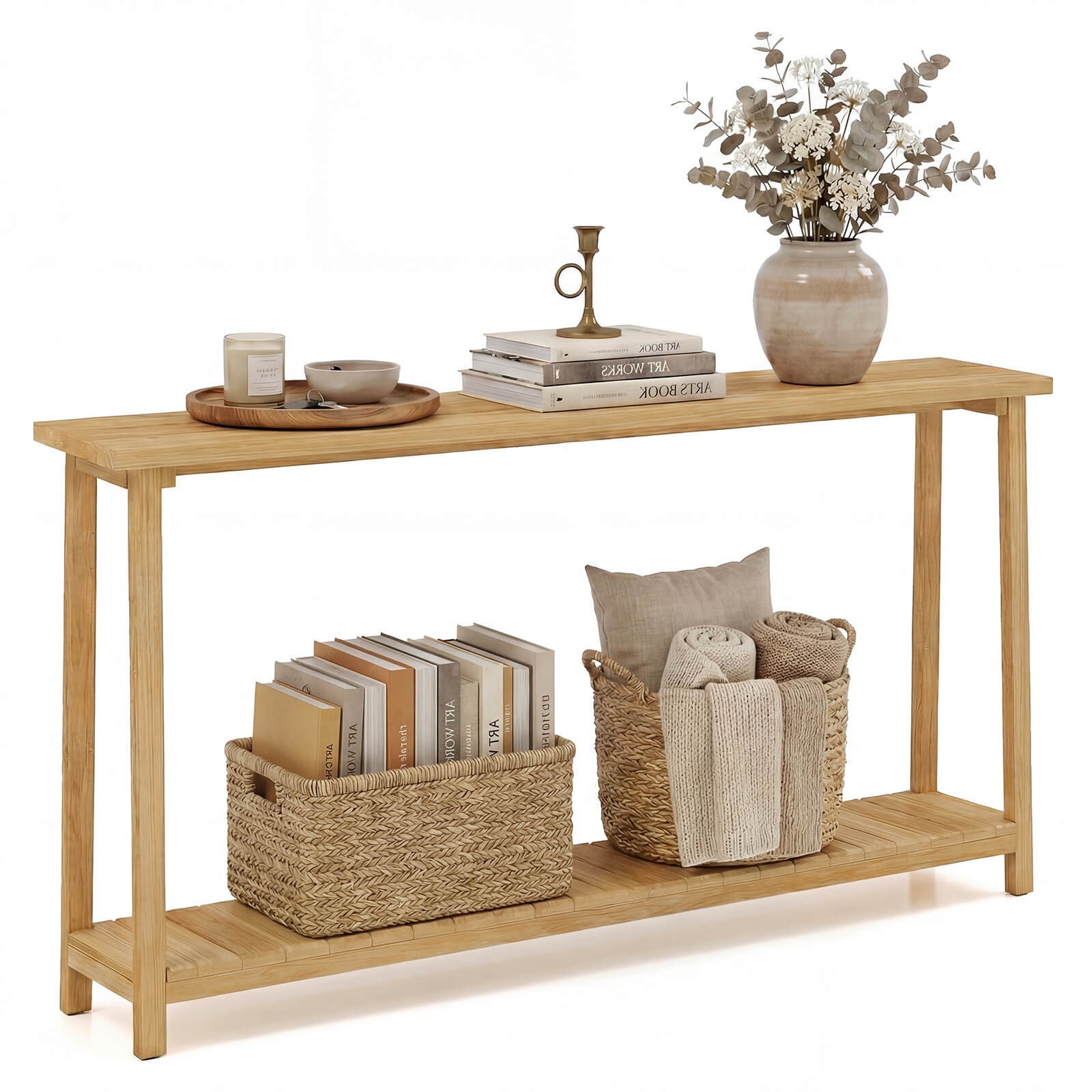 71″ Solid Wood Large Console Table,2-Tier Farmhouse Sofa Table w/Teak Wood Frame