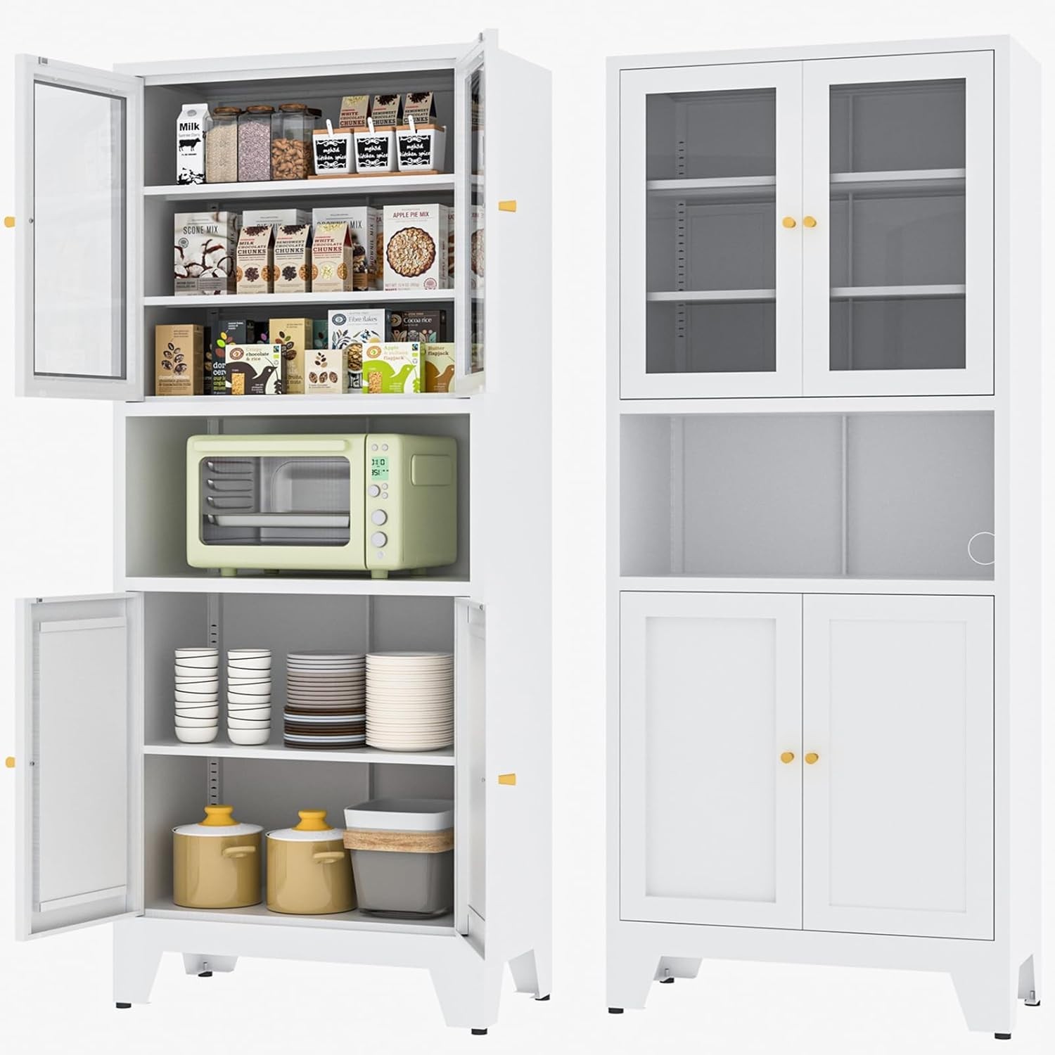 69 in Metal Food Pantry Cabinet w/Adjustable Shelves,Glass Doors For Dining Room