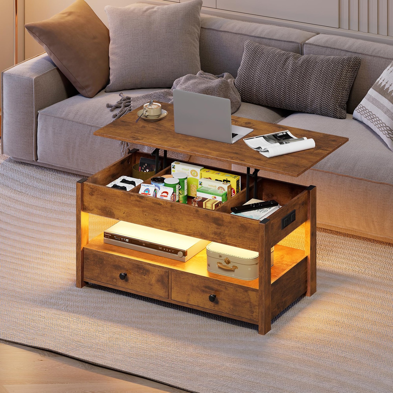 Coffee Table, Lift Top Coffee Table with 2 Drawers, LED Light, Large Storage And