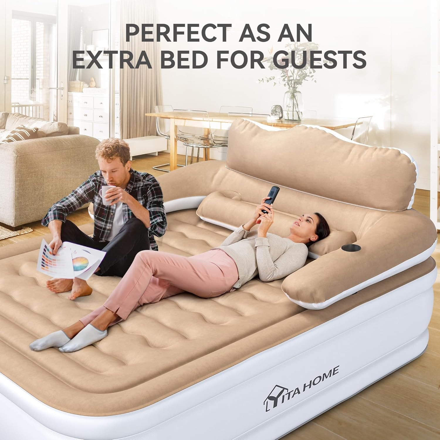 Full XL Air Mattress with Headboard & Pump – 18″ Inflatable Bed for Home & Campi