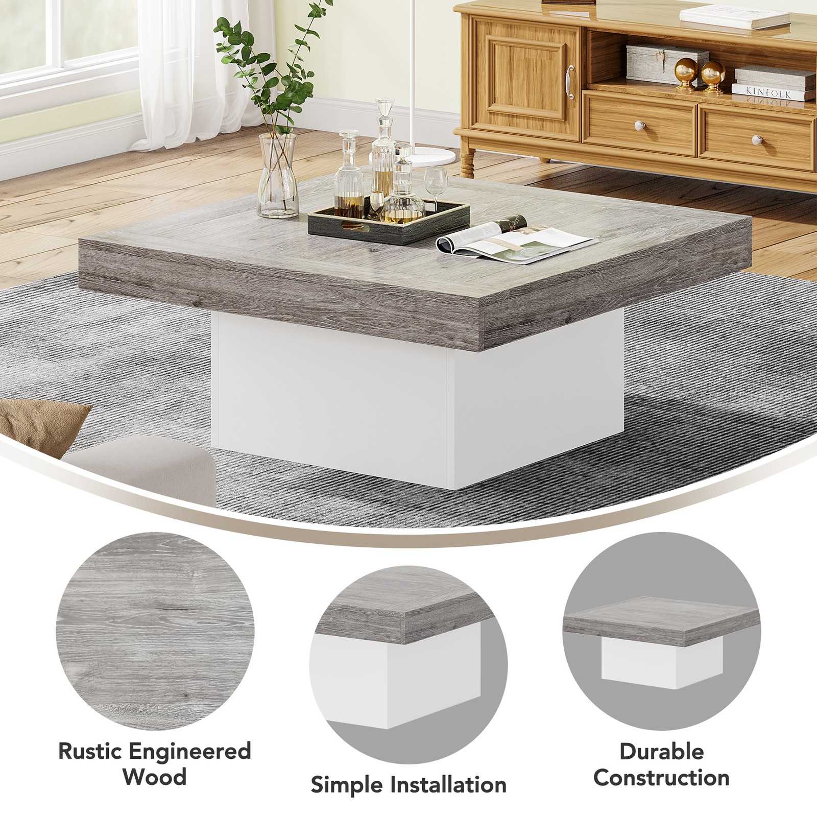 35″ Square Center Table Coffee Table with Led Light, Modern Wood Cocktail Table