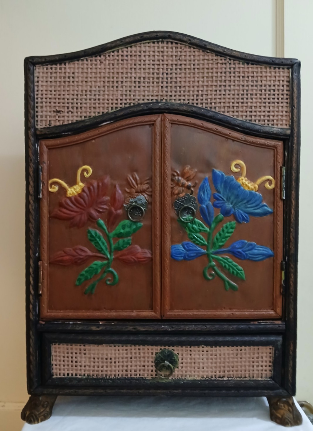 VTG Thai Style Painted Floral Wood Rattan Wicker Accent Cabinet 17″x13″ Bohemian