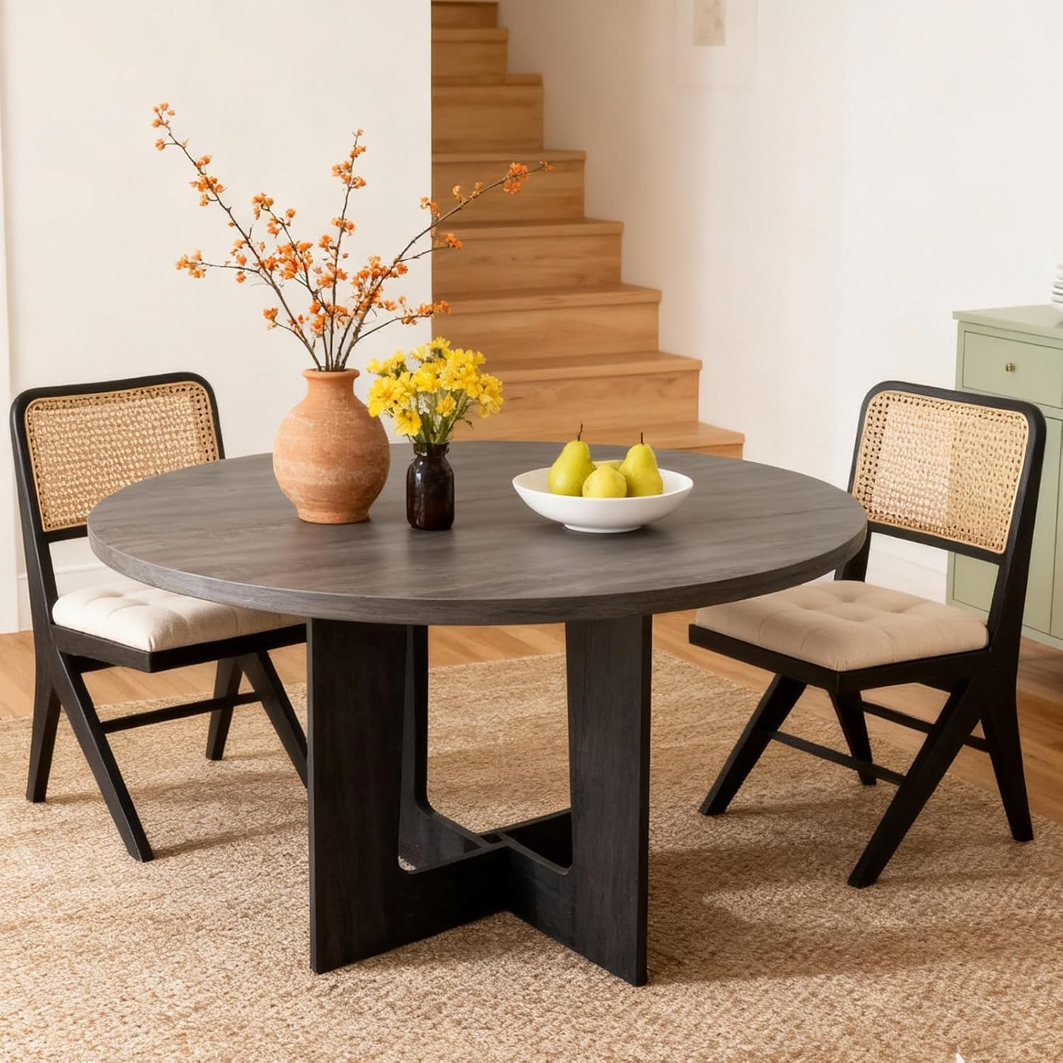 Compact Round Dining Table for 4 – Black Wood Pedestal Base for Small Spaces