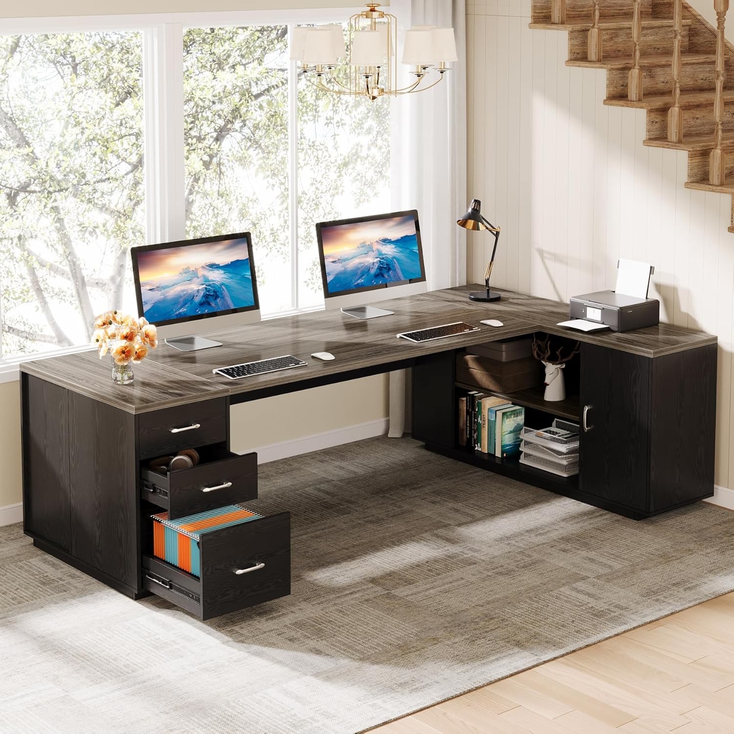 85.8-Inch L-Shaped Executive Desk, Large Modern Office Desk with File Drawers