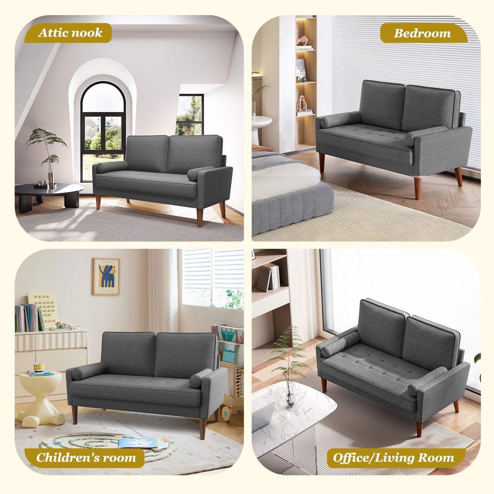 48″ Loveseat Sofa Mid Century Modern Grey Solid Wood Legs Small Space