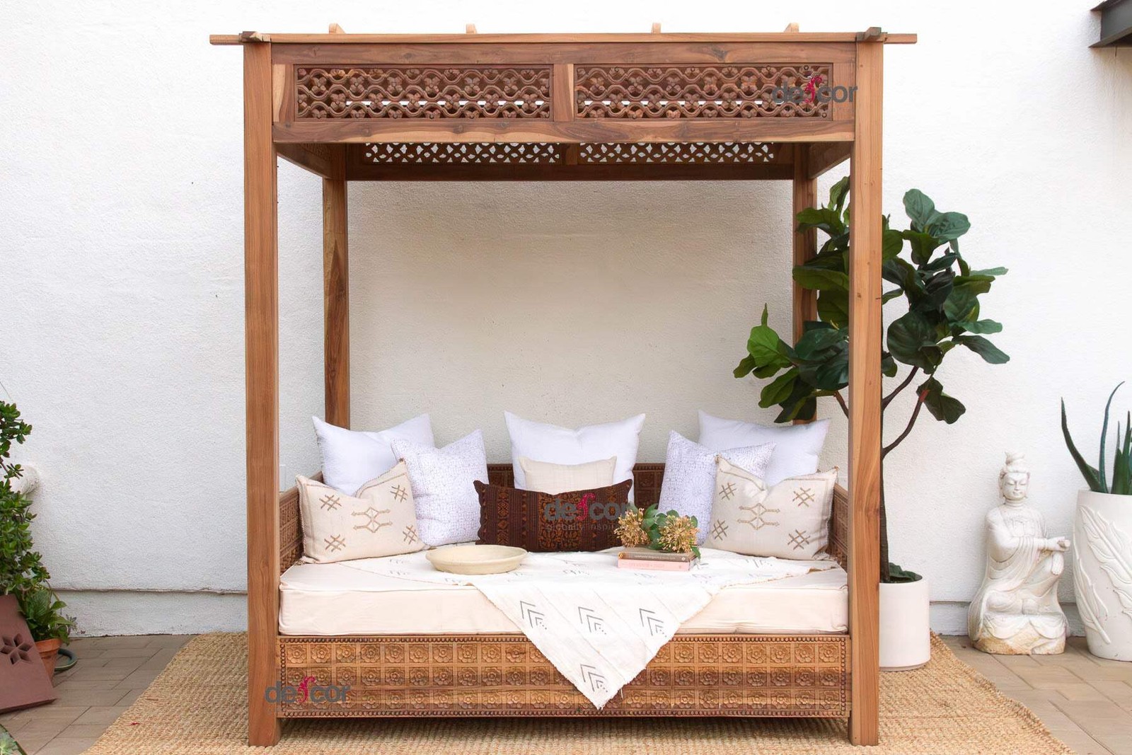 Carved Floral Jali Canopy Sanctuary Daybed, Bohemian Lounge Canopy Daybed