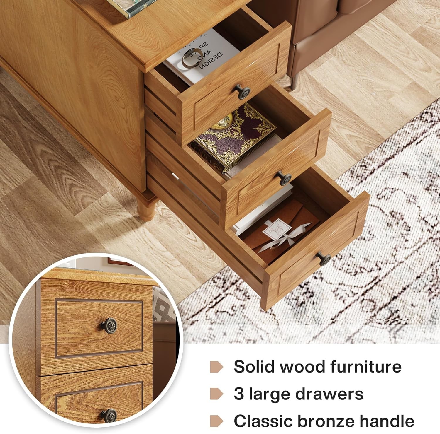 Solid Wood End Table, Fully Assembled Narrow Slim Side Table with 3 Drawers