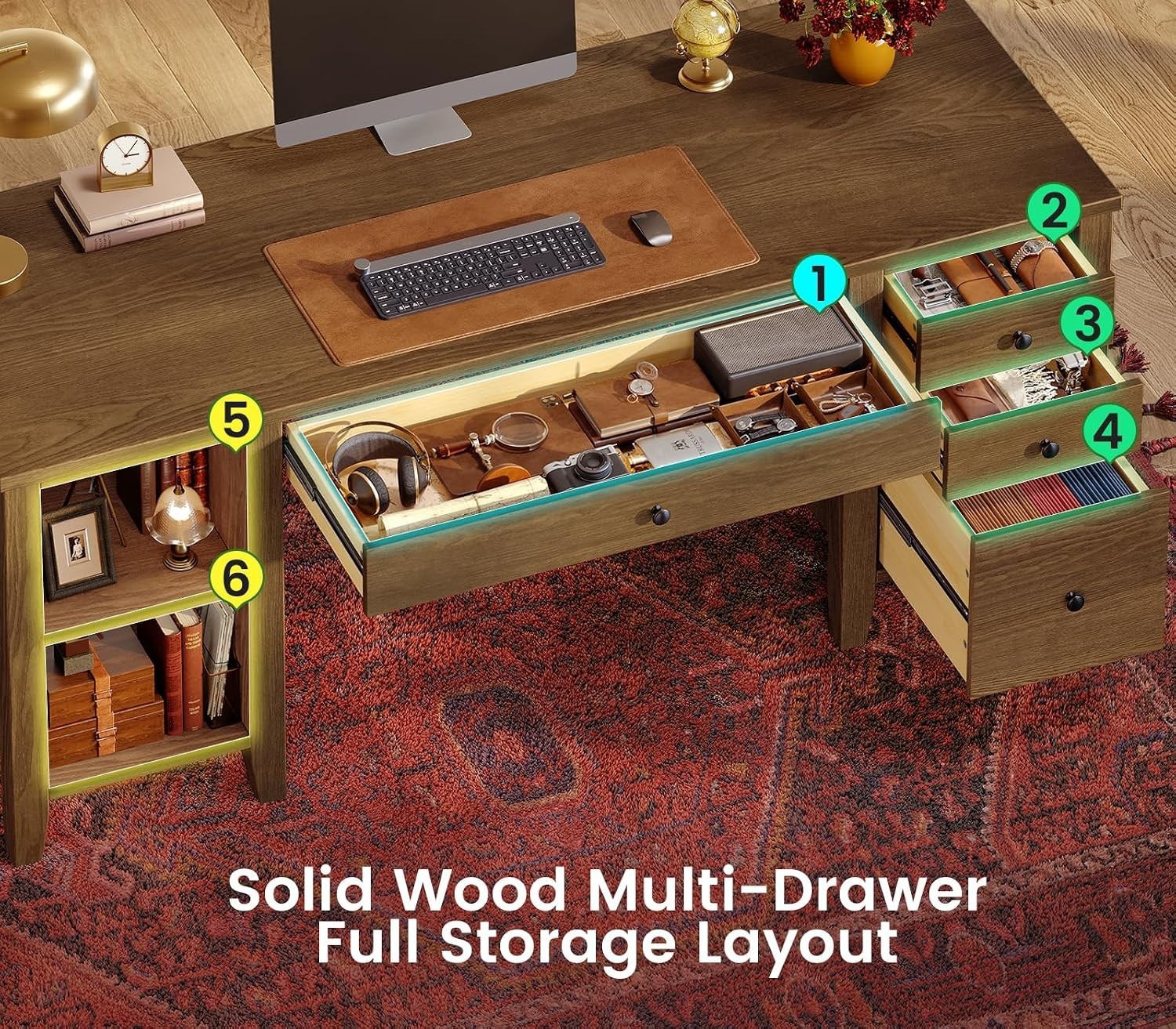 58.3″ Solid Pine Wood Computer Desk w/4 Drawers &Storage Shelves for Home Office