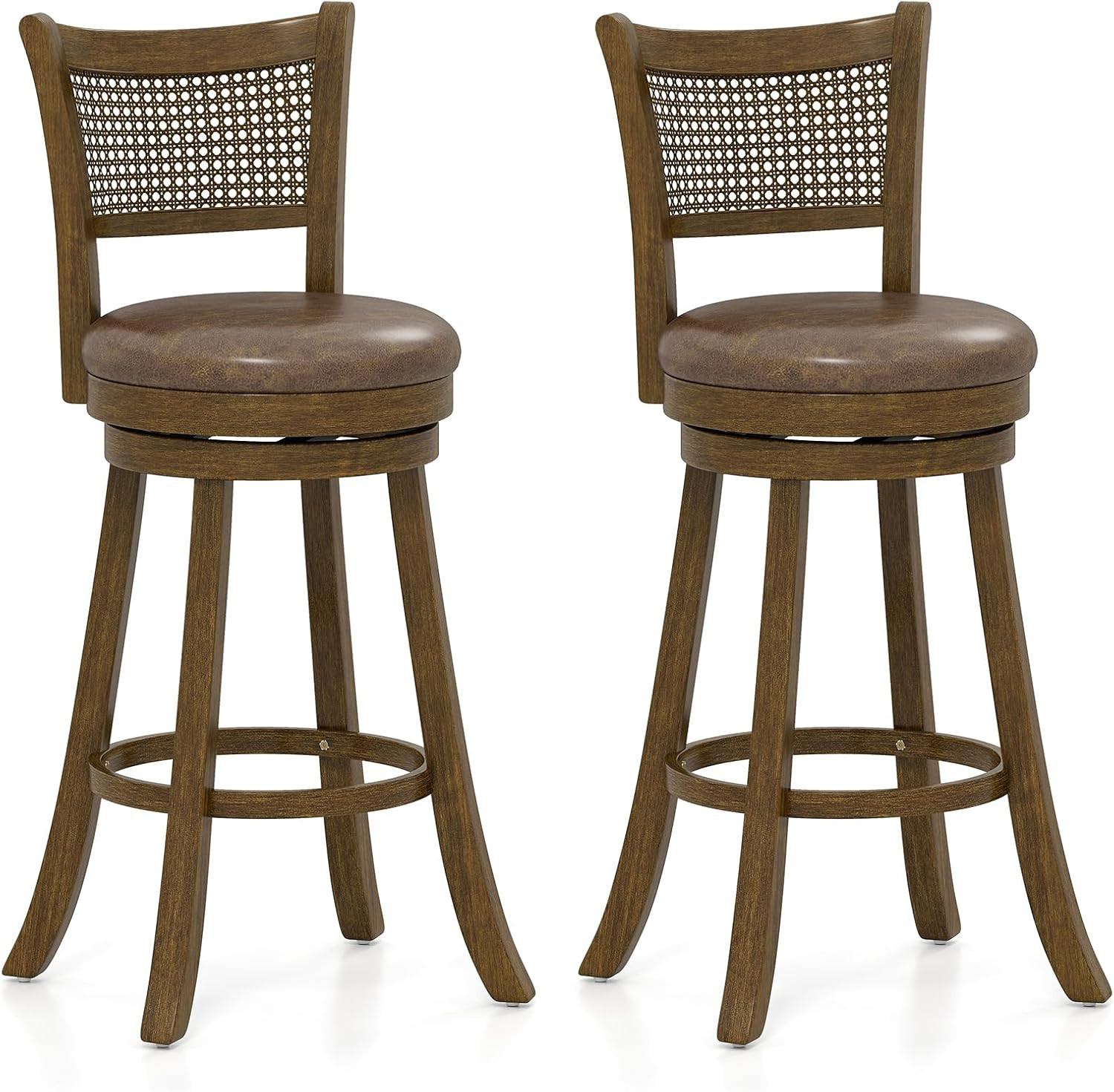 Set of 2 Swivel Bar Stools with Rattan Backrest & Rubber Wood Frame, Brown