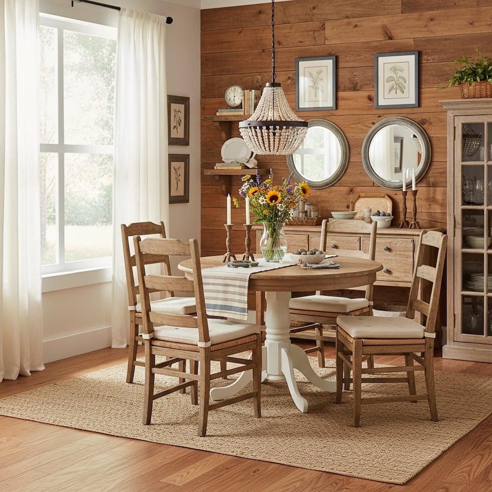 Round Dining Table, Natural & White Finish, Solid Wood, Pedestal Base, 36-Inch