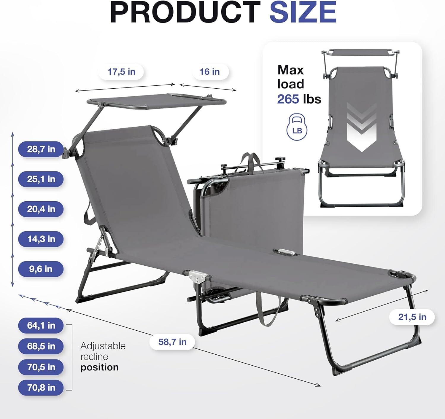 2 PACK Comfysure Folding Outdoor Lounge Chair with Canopy grey