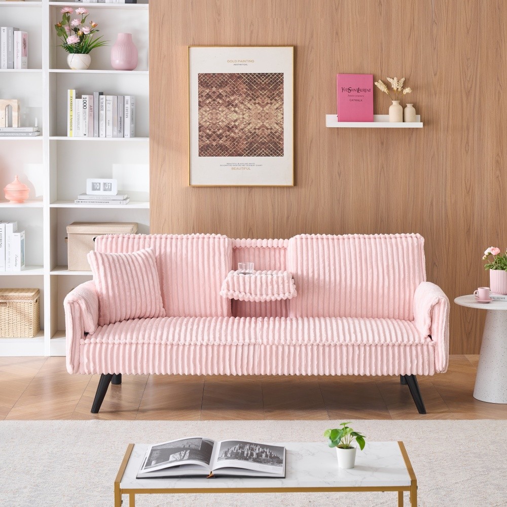 Pink corduroy sofa suitable for sitting and lying in the living room
