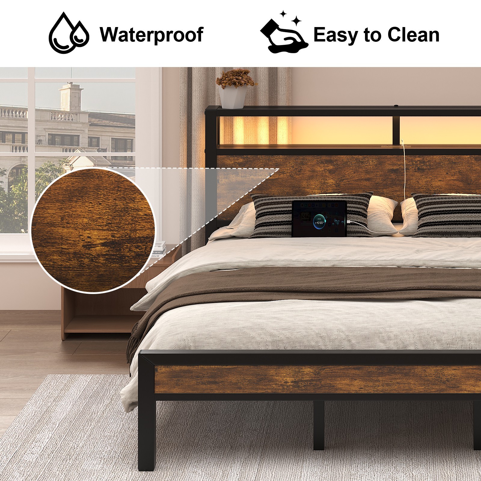 Full/Queen/King Metal Bed Frame with Storage Headboard and Charging Station