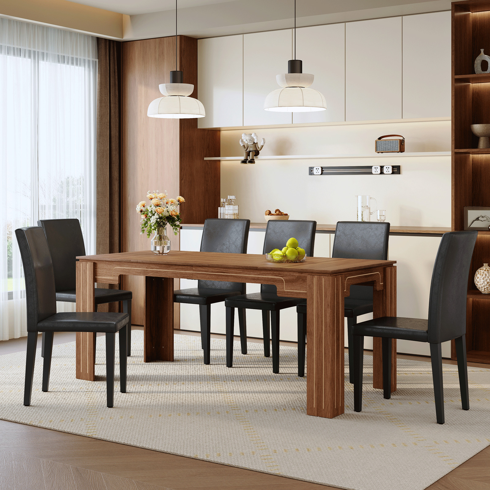 Walnut Wood Grain Dining Table Set with 6 Black PU Leather Chairs
