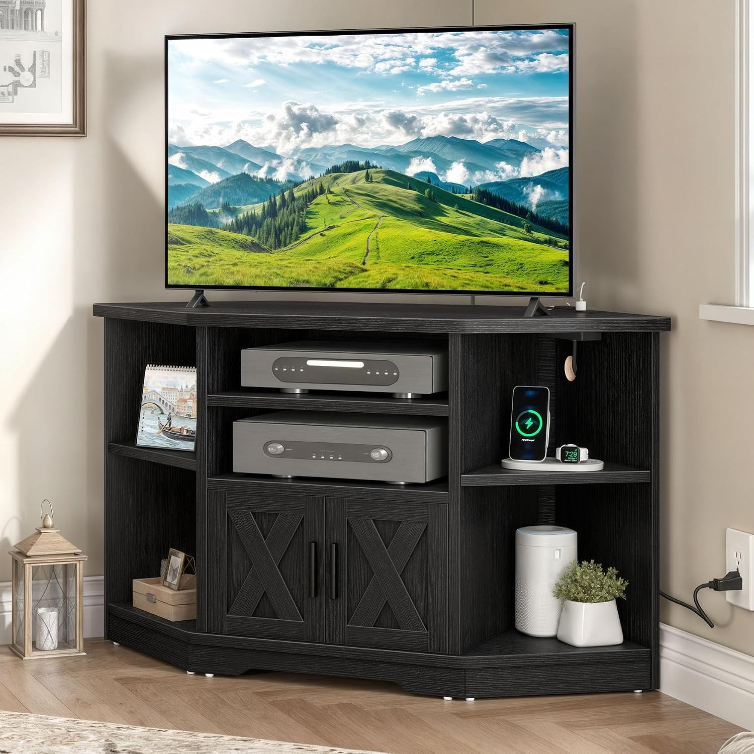 Black Corner TV Stand with Storage & Power Outlets for 50″ TVs