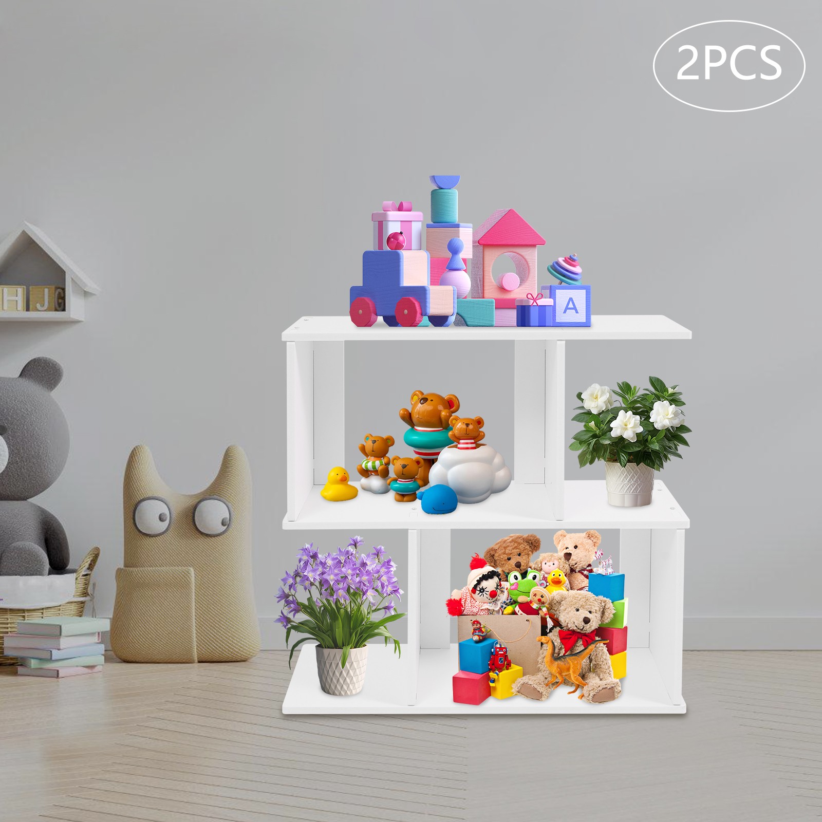 2 Tier Geometric Bookshelf, Freestanding Display Shelf, Z Shaped Open Bookcase
