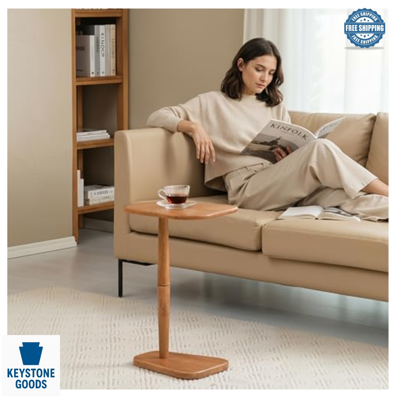 C Shape Solid Mango Wood Side Table 22 Inch End Table for Couch Sofa Bedroom