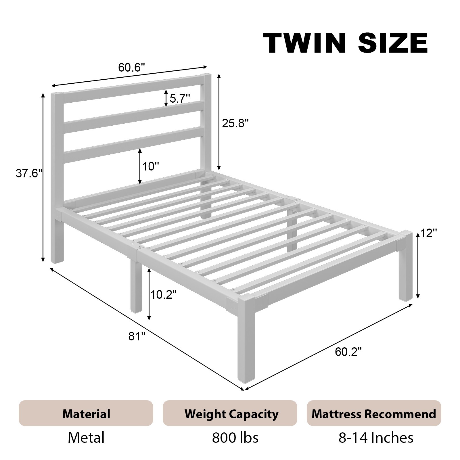 Twin Metal Platform Bed Frame with Headboard No Box Spring Need