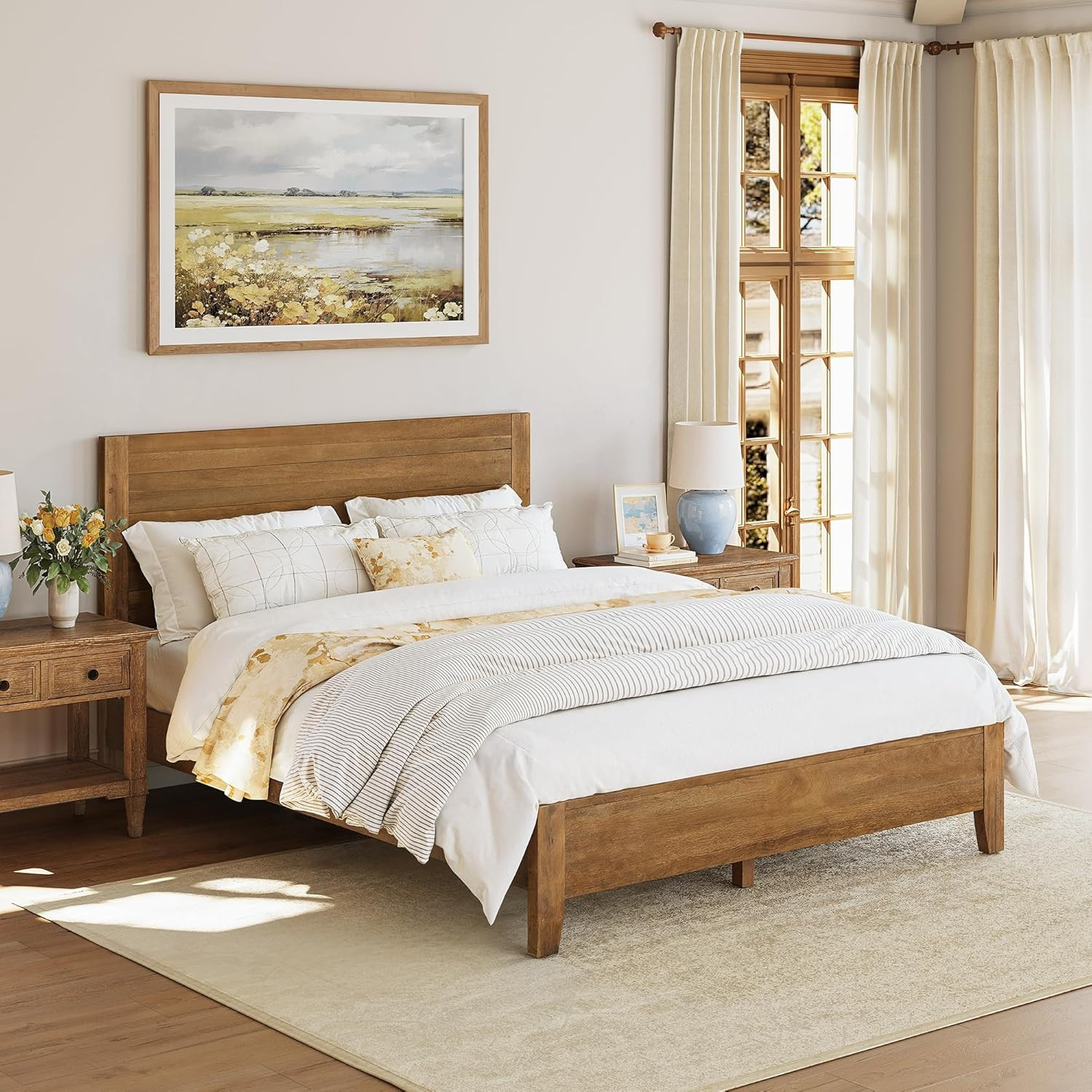 Cozyman Queen Bed Frame with Headboard, 100% Solid Acacia Wood Platform, 800Lb H