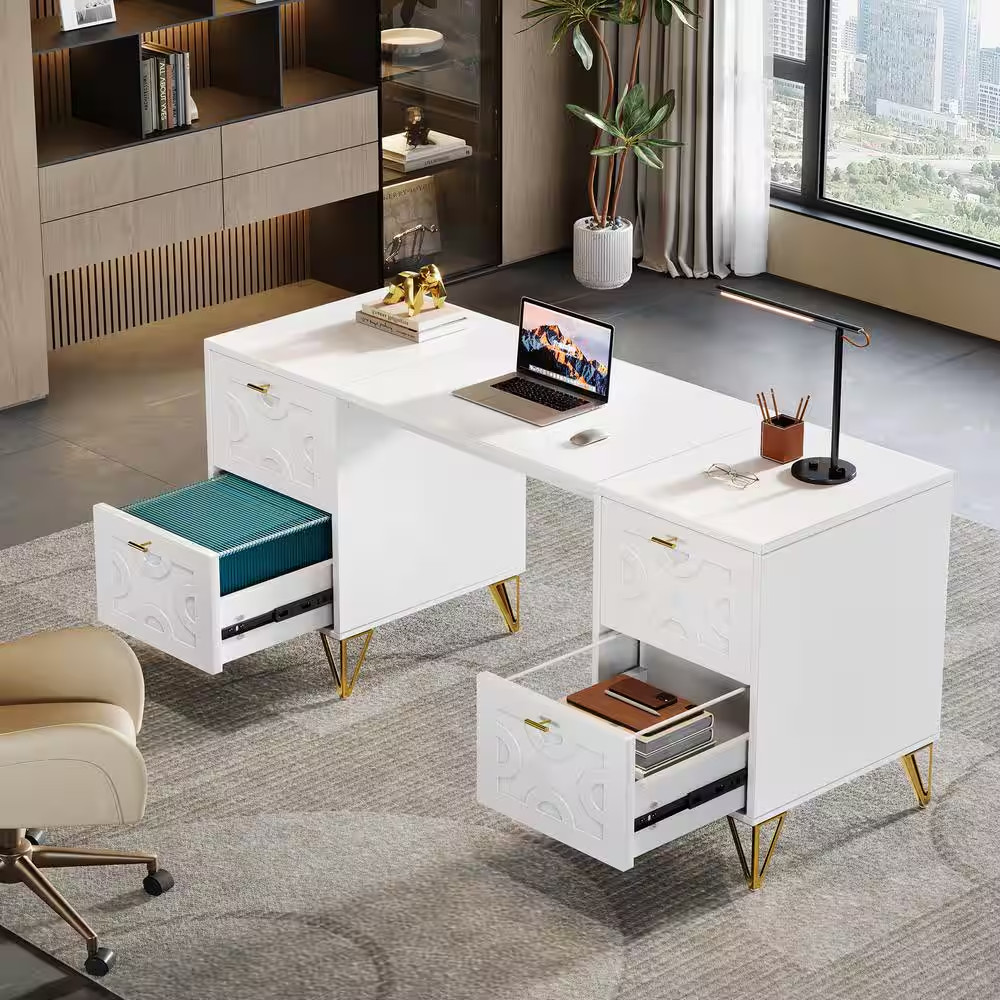 Moronia 59 In. Rectangle White Computer Desk Wood Computer Desk with Drawers, St