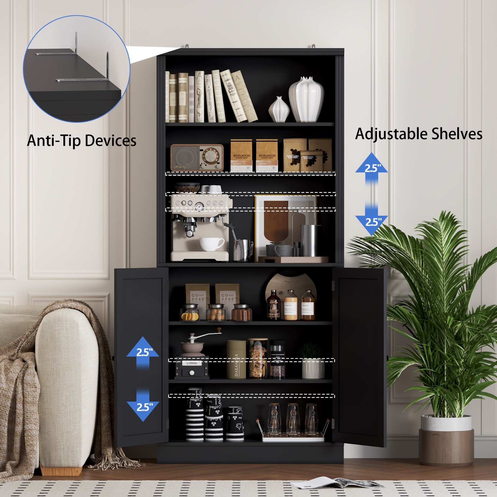 Bookshelves Bookcases with Doors Floor Standing 6 Tier Display Storage Shelf