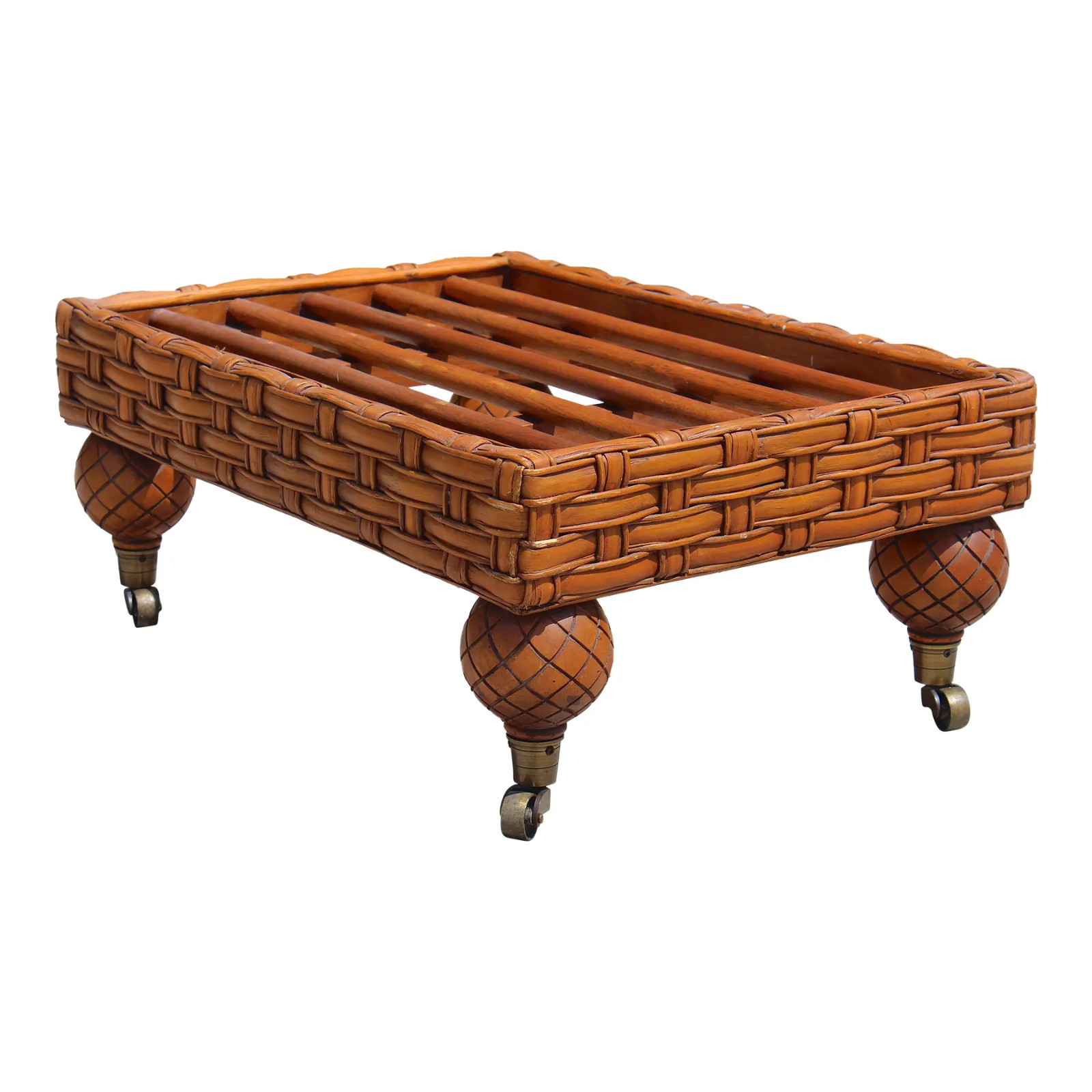 Vintage Rattan Coffee Table / Ottoman Base – Boho Coastal Charm on Casters