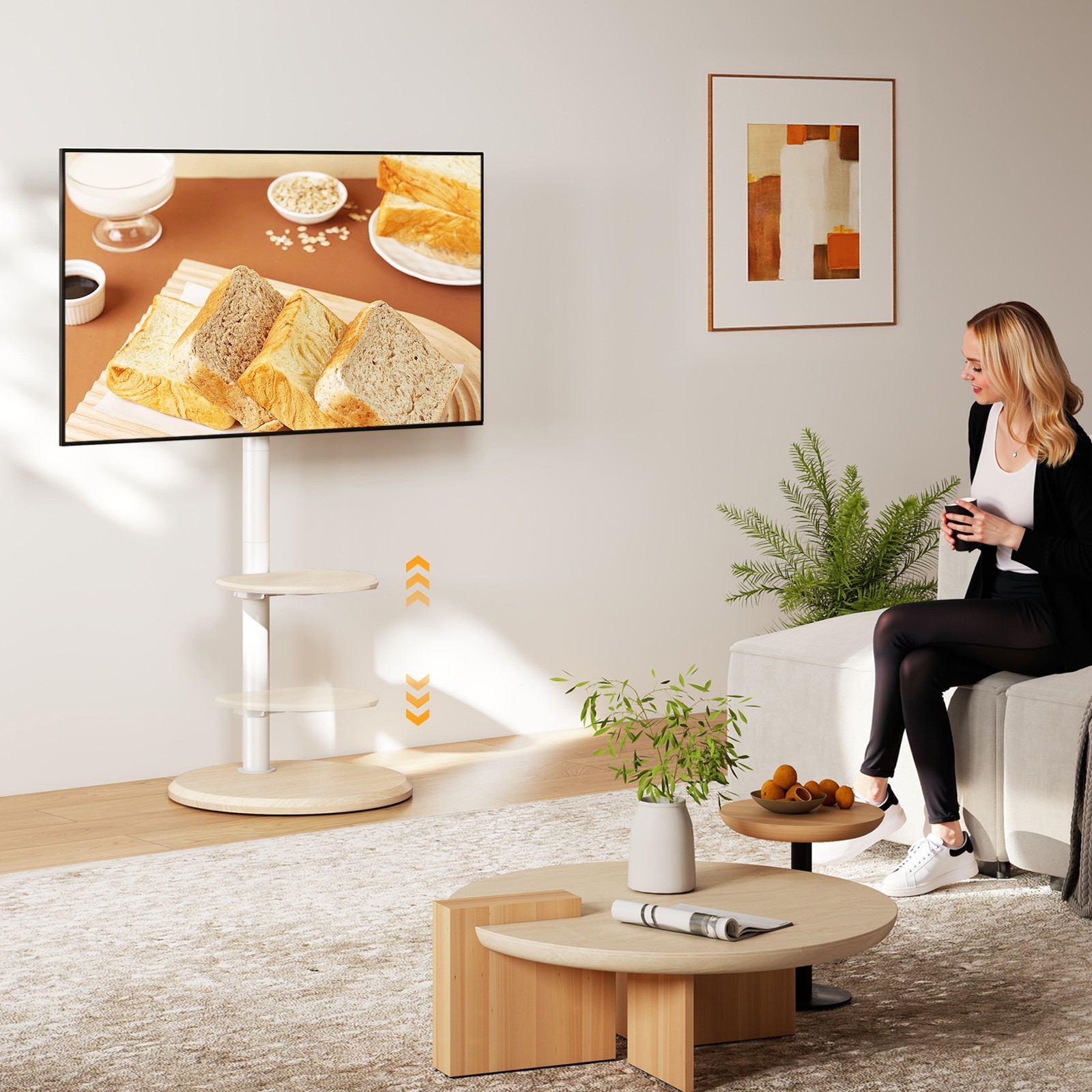 Mobile Floor TV Stand with Round Wooden Base for 32-65 inch TVs, Adjustable Tilt
