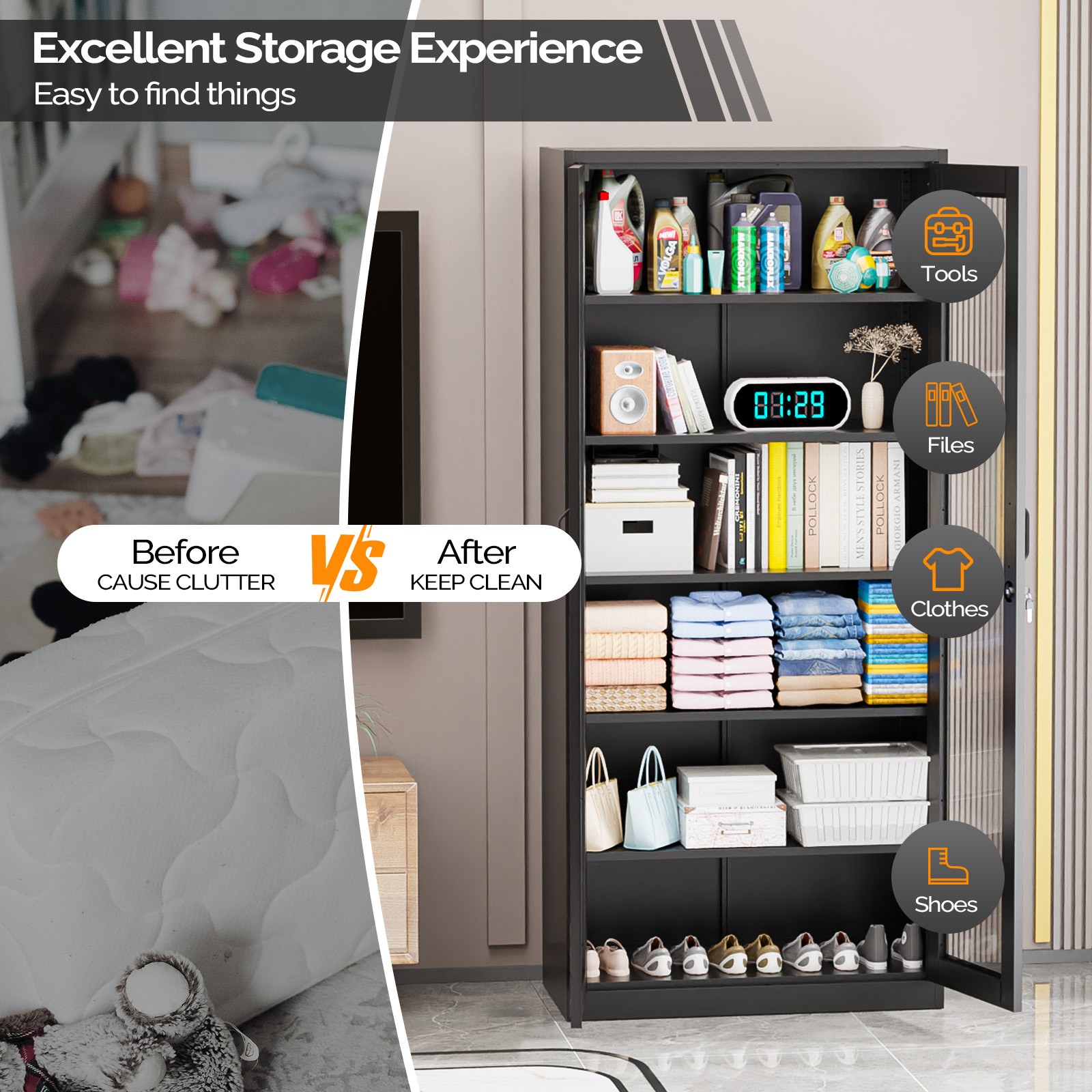 71″ Tall Lockable Display Cabinet Curio Cabinet Bookshelf with Glass Doors Black