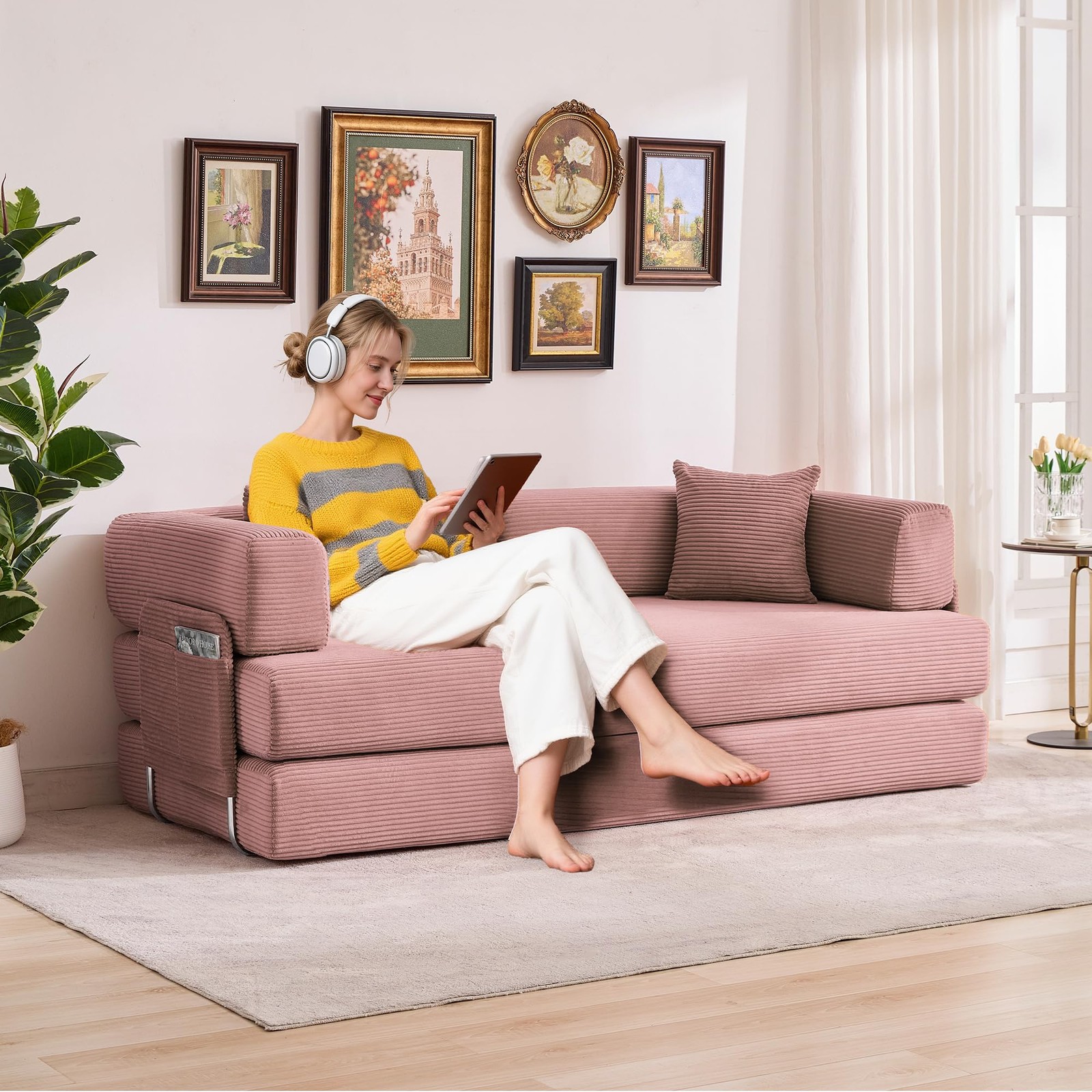 Folding 78.8″ Convertible Sleeper Sofa Bed w/ Fixed-Shape Frame Corduroy Fabric