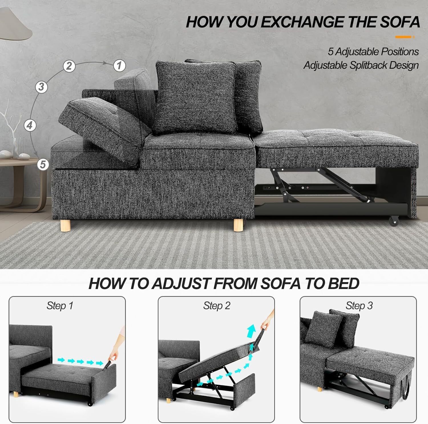 Modern 4-in-1 Convertible Sofa Bed Recliner Single Sleeper Loveseat Sofa Chair⭐⭐