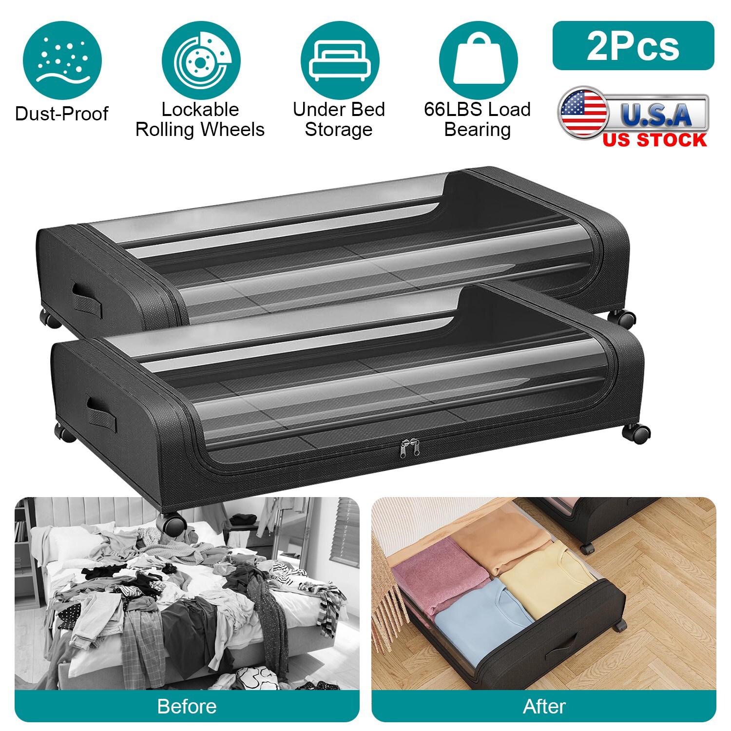 2Pack Under Bed Storage Large Underbed Clothes Shoes Organizer with Wheels & Lid