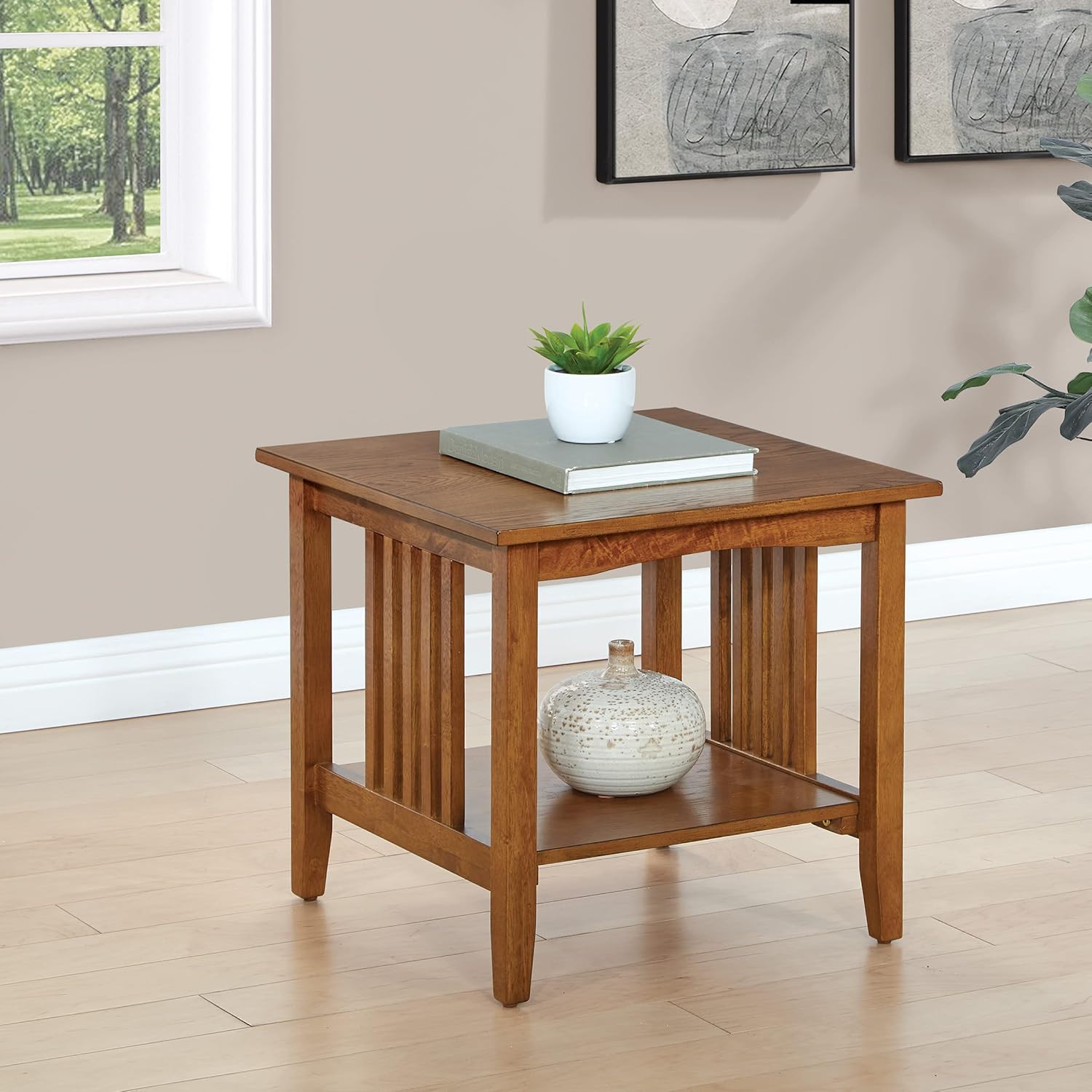 Sierra End Table with Lower Storage Shelf and Mission Style Side Panels, Ash Bro