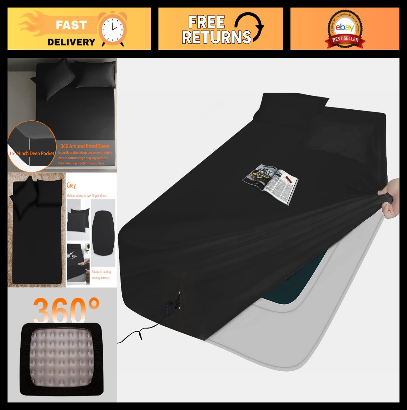 3-Piece Air Mattress Sheet Set for 16″ Deep Inflatable Beds – Easy Use, Black Tw