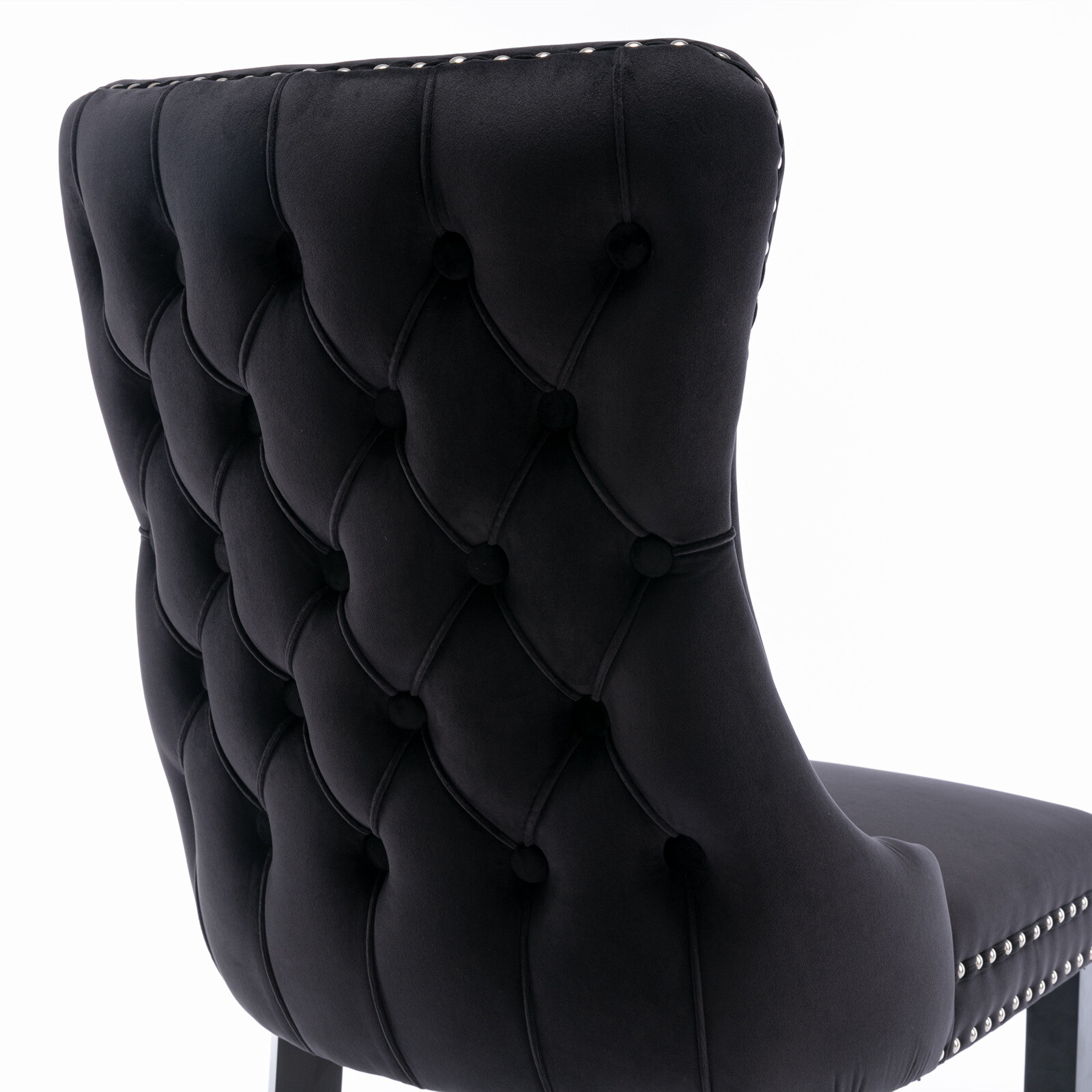 2xUpholstered Wing-Back Dining Chairs with Nailhead Trim Wood Legs Kitchen Black