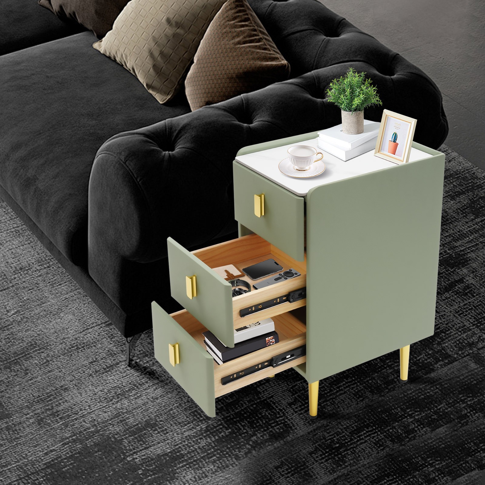 Bedside Table – Narrow 3-Drawer Nightstand, Rock Slab & Leather, Green/Gold