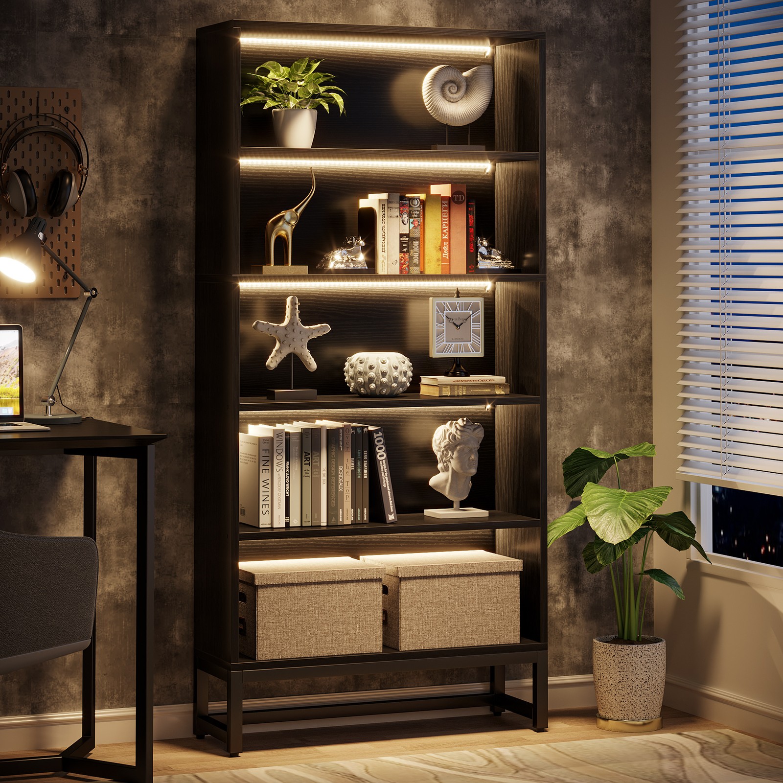 70.8” Large Bookcases Organizer with LED Light, Tall Bookcase Black Bookshelf