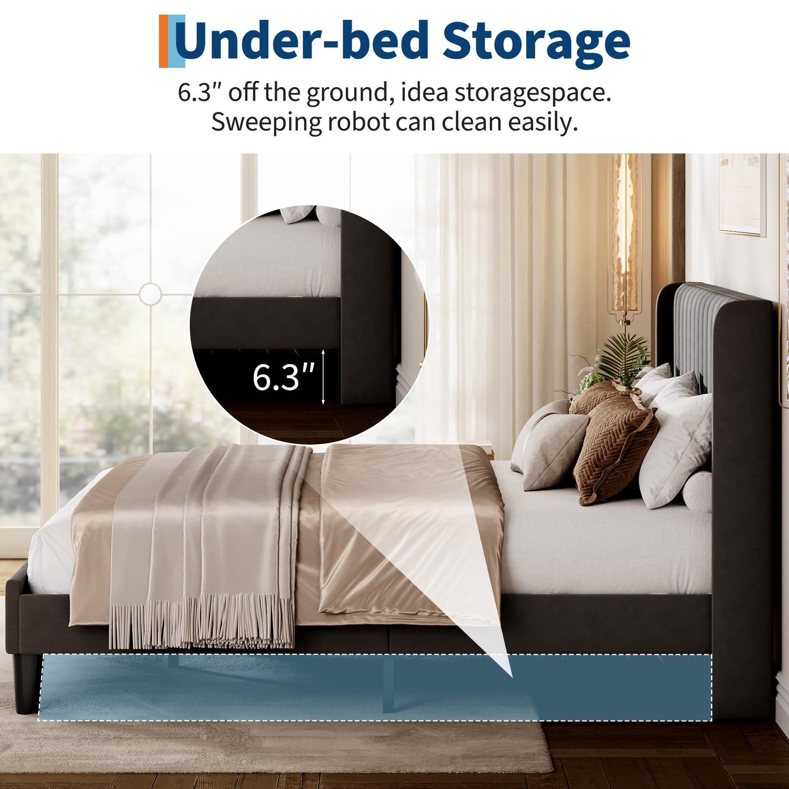 Queen/Full Size Bed Frame W/Velvet Upholstered Headboard,No Box Spring Needed