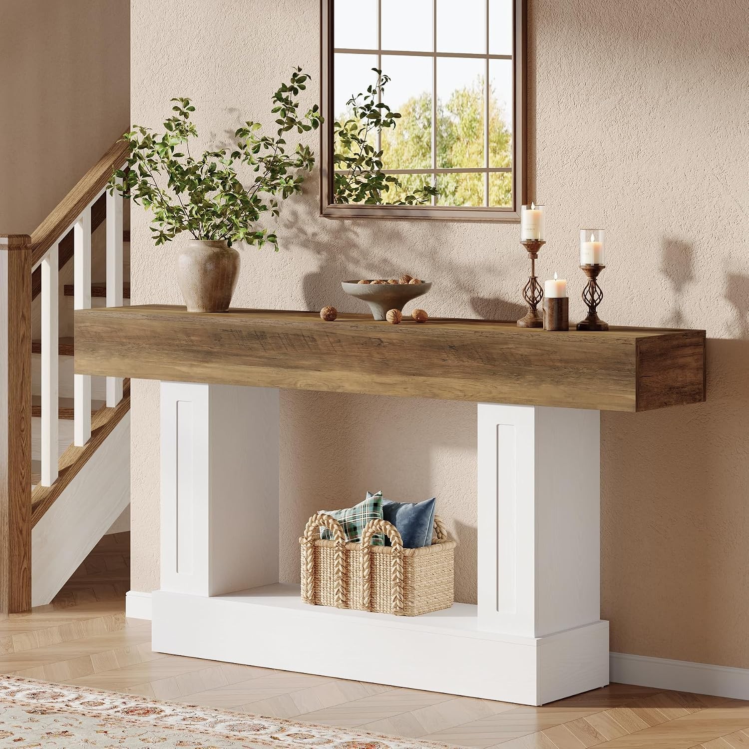 63″ Long Console Table for Entryway, Farmhouse 2-Tier Sofa Table Behind Couch