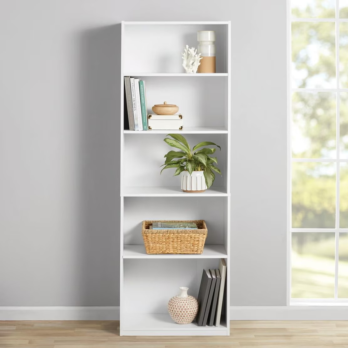 Mainstays 5-Shelf Bookcase with Adjustable Shelves, White 24.88″ x 11.65″x 71.4″