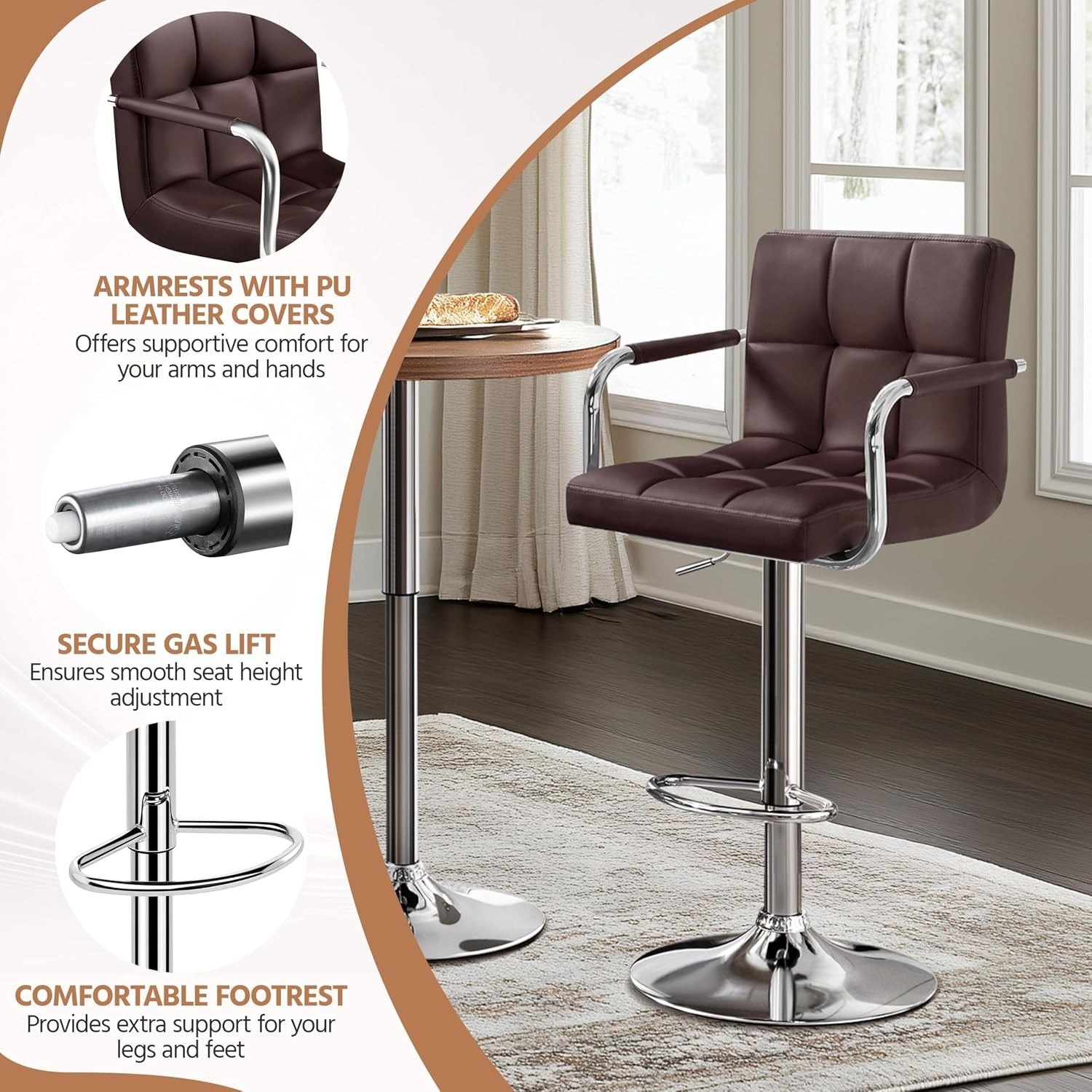 Bar Stools Set of 2 Adjustable PU Leather Swivel Barstools Modern Counter Stools