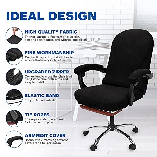 Stretchable Office Chair Cover with Armrest X-Large Jacquard Material Black