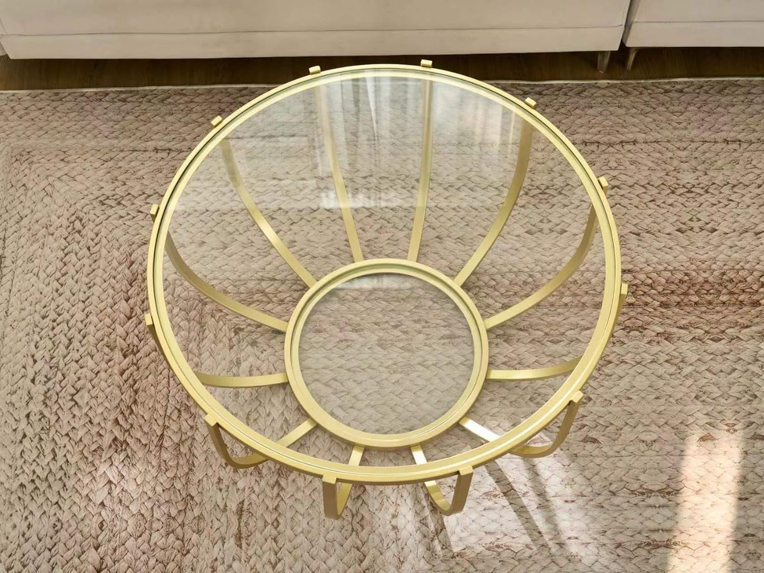 Glam Gold Round Glass Coffee Table, Mid-Century, 2-Tier Design, 30.7″ D